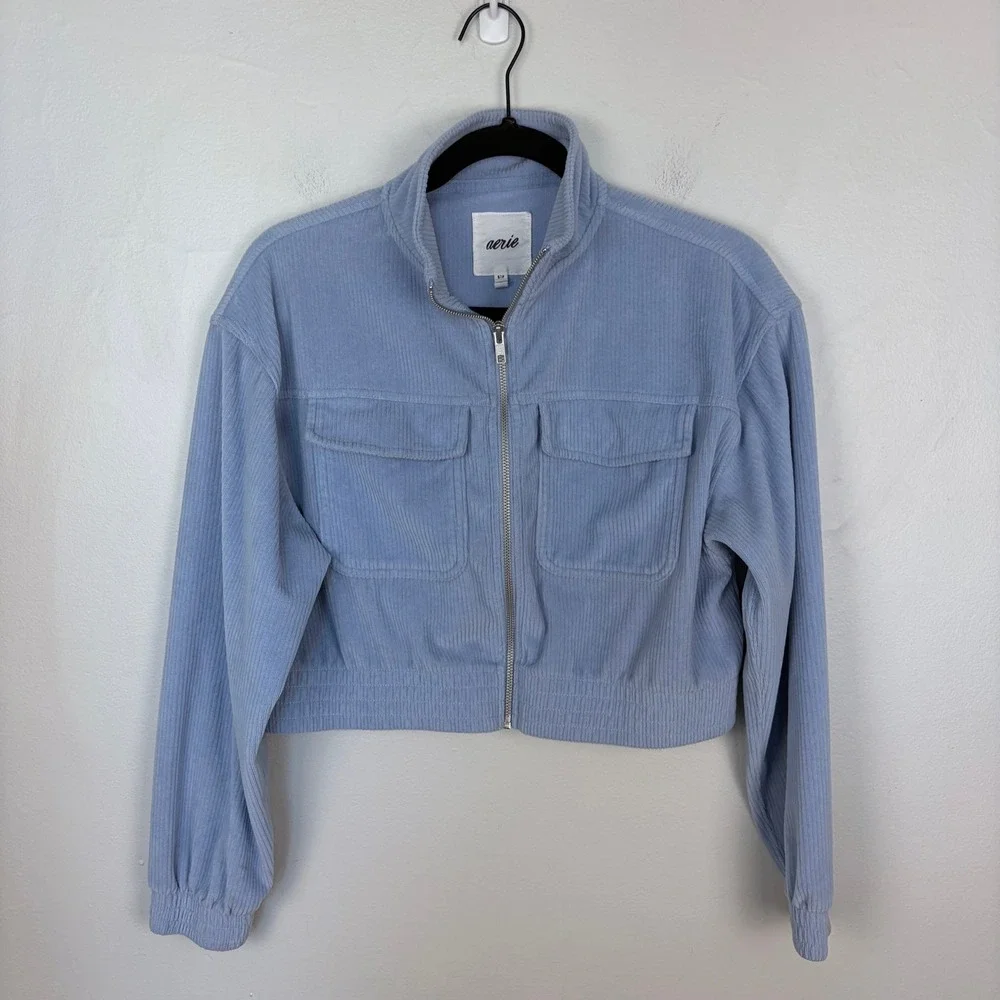 Aerie Groove-On Velour Crop Jacket Monaco Blue Casual Cozy Soft Girl Size Small